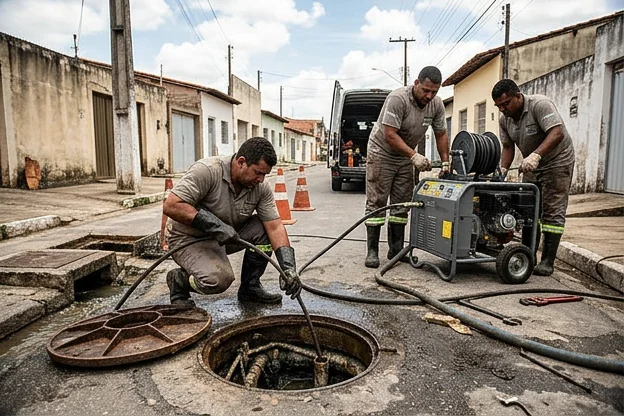 Equipe de desentupidora trabalhando em um esgoto em Itabaiana.