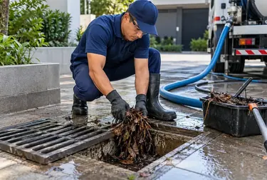 Equipe técnica lidando com desentupimento de rede pluvial em Itabaiana.