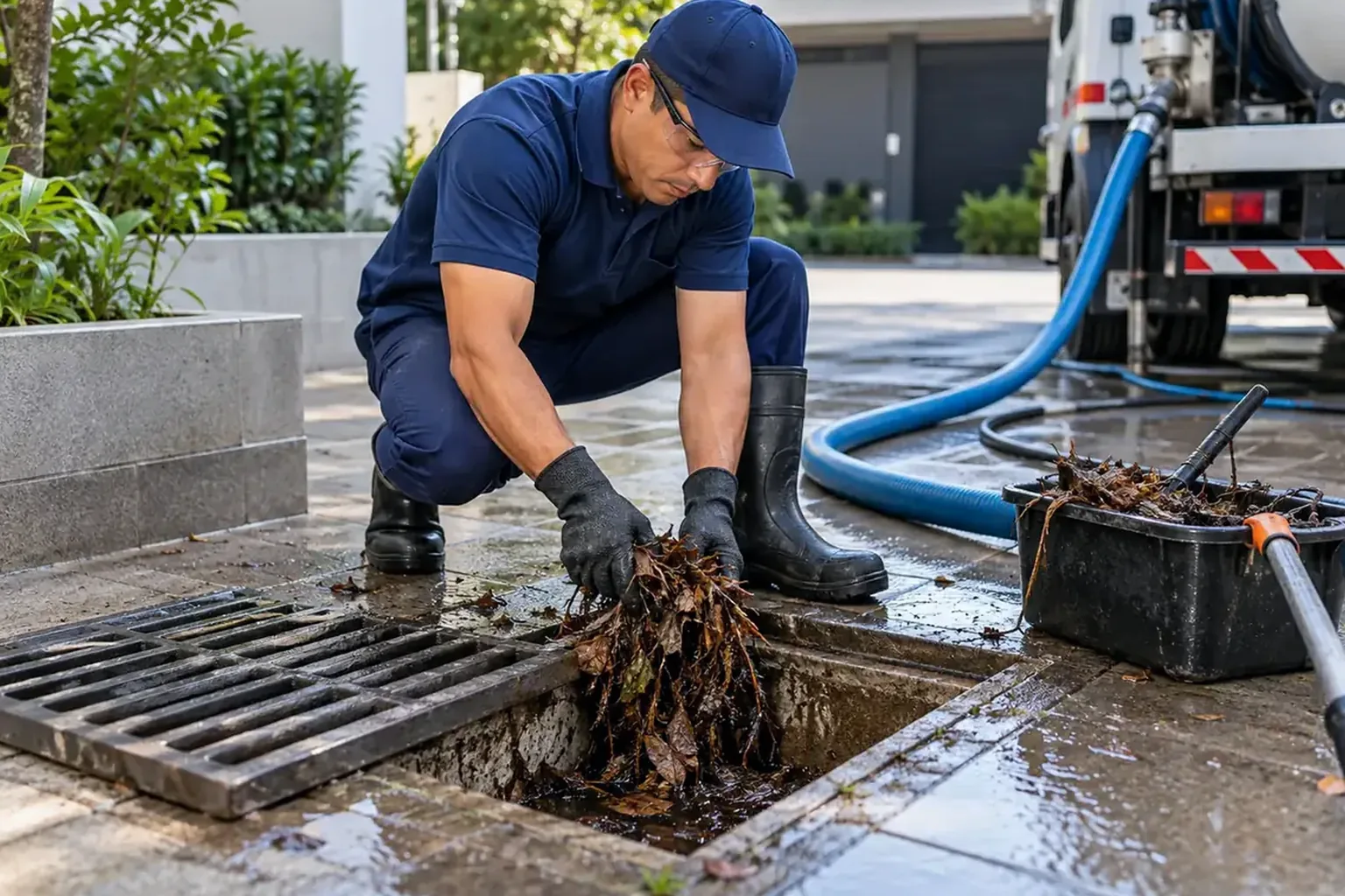 Equipe técnica lidando com desentupimento de rede pluvial em Itabaiana.