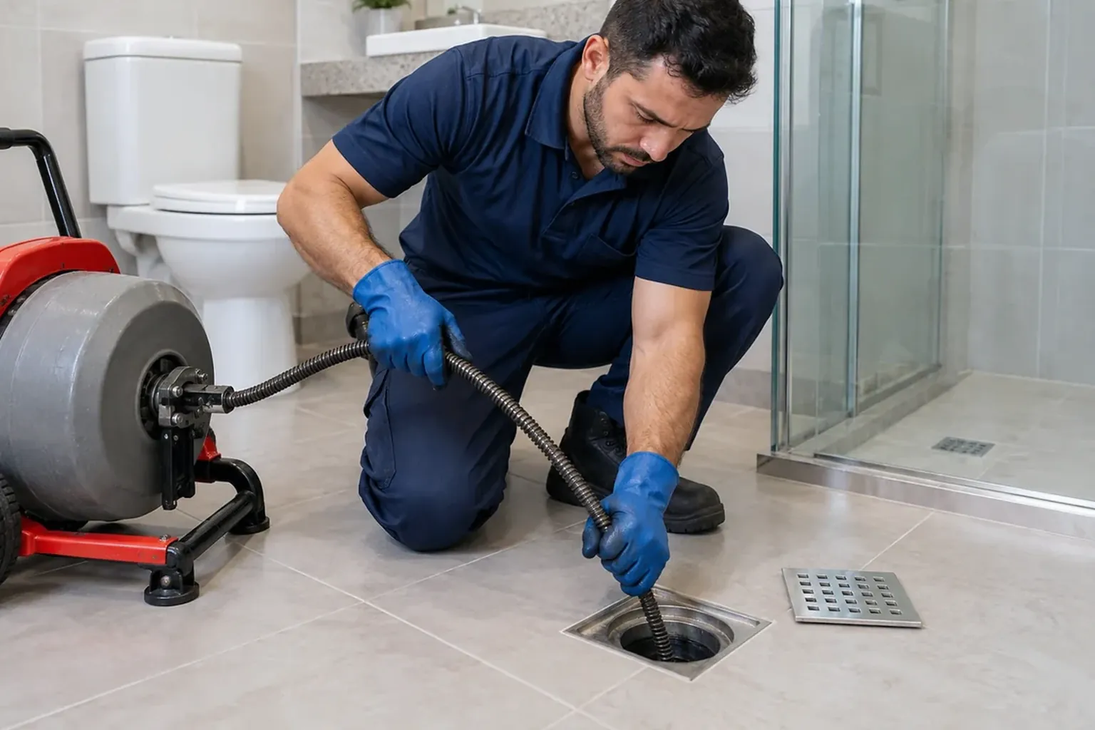 Profissional desentupindo um ralo em Itabaiana com equipamentos especializados.