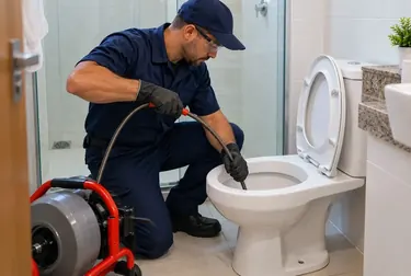 Profissional realizando desentupimento de vaso sanitário em uma casa em Itabaiana.