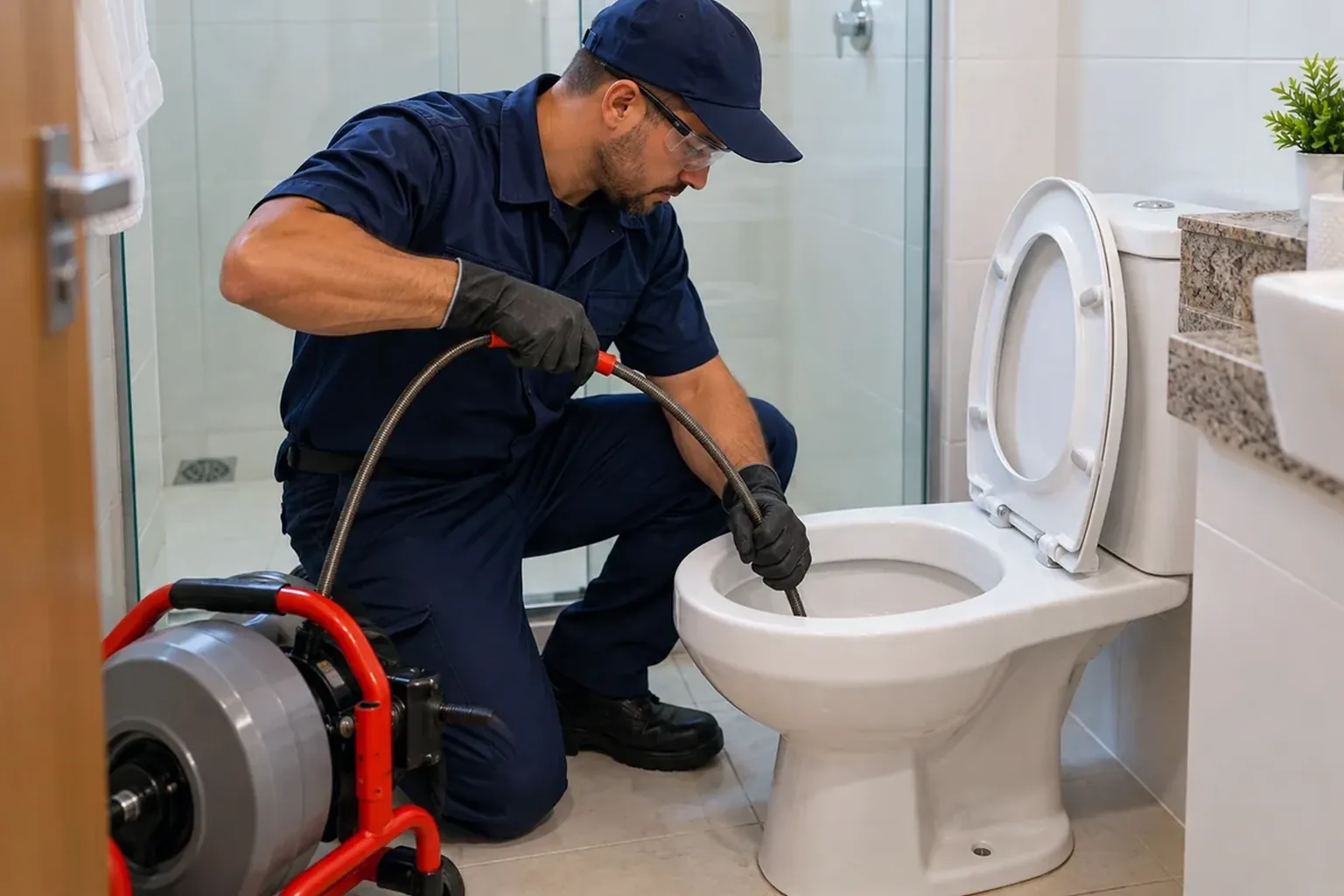 Profissional realizando desentupimento de vaso sanitário em uma casa em Itabaiana.
