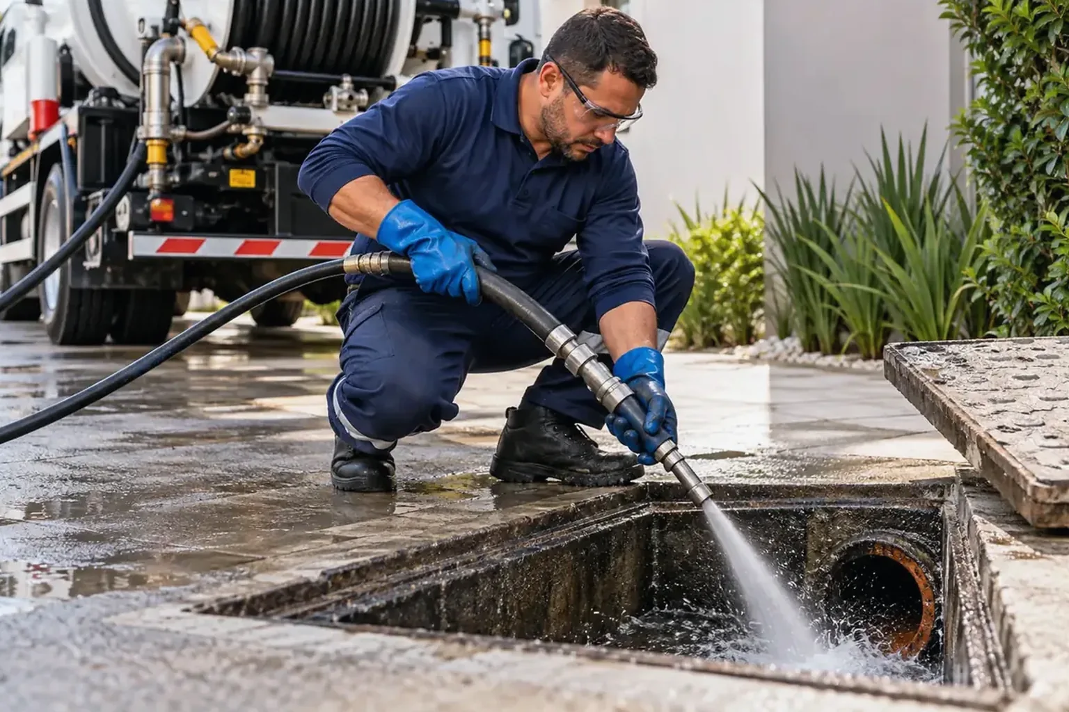 Profissional usando hidrojateamento para desobstruir tubulações em Itabaiana.
