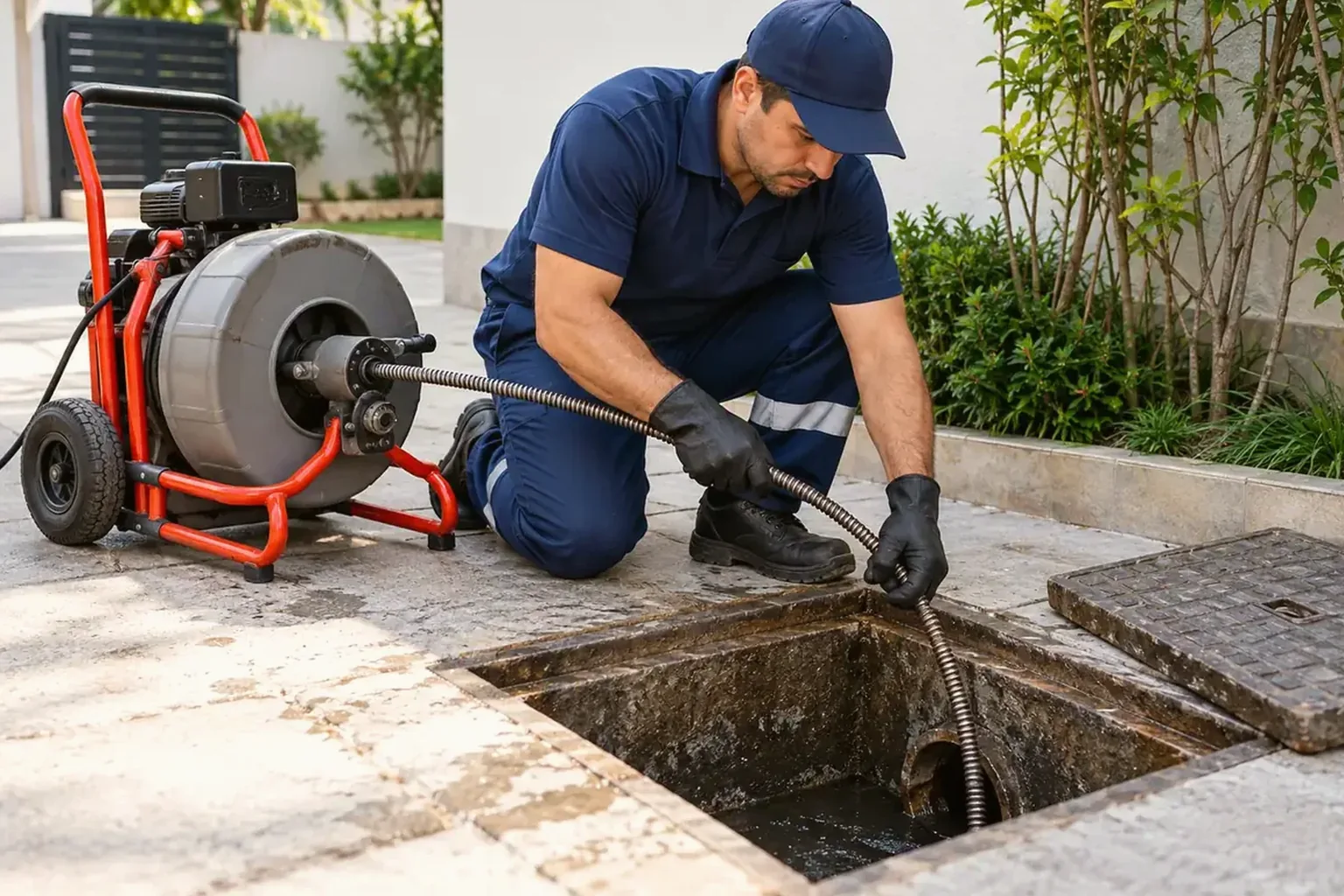 Técnico desentupindo esgoto em Itabaiana usando ferramentas especializadas.