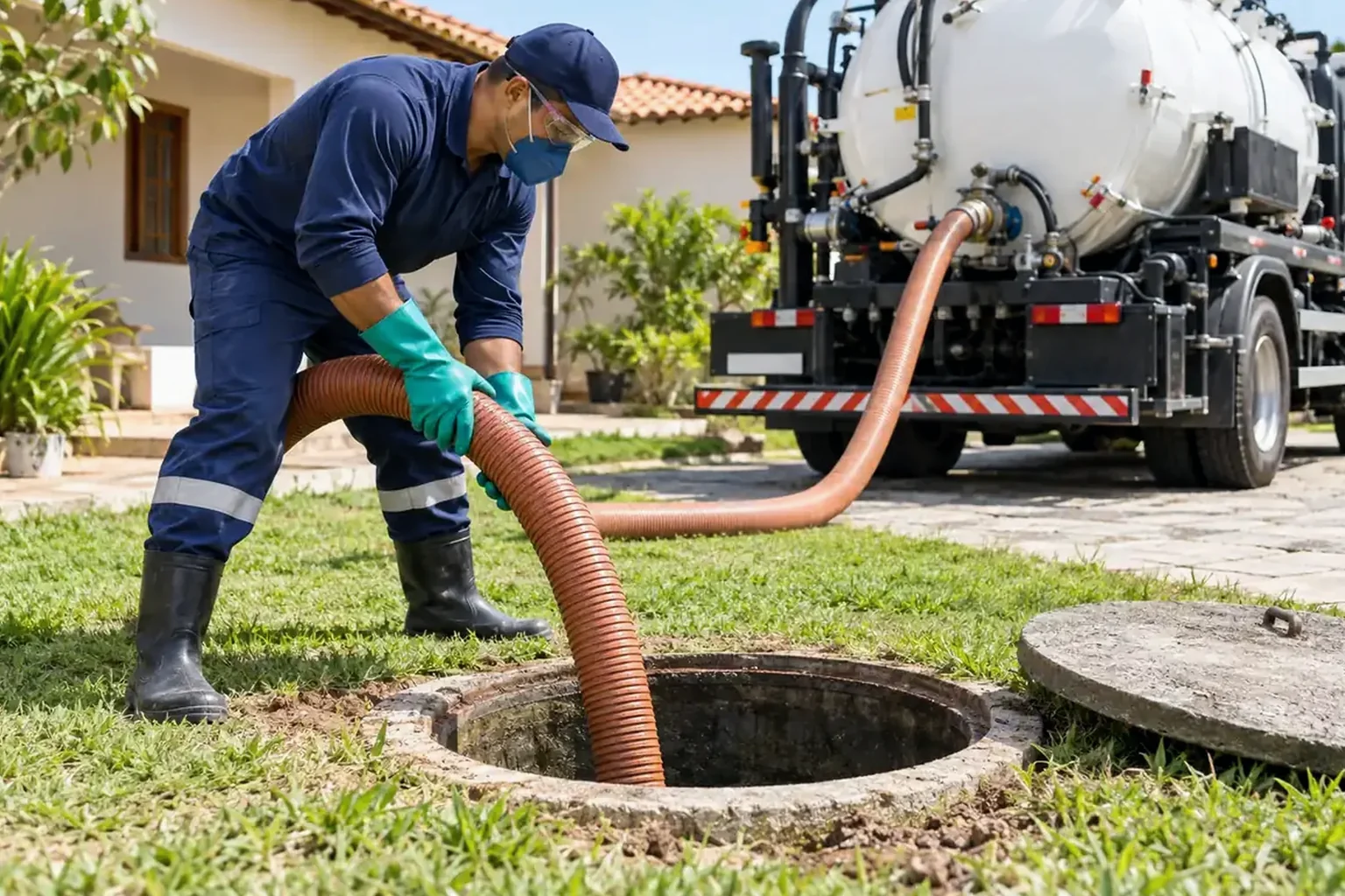 Técnico fazendo limpeza de fossa séptica em uma casa em Itabaiana.