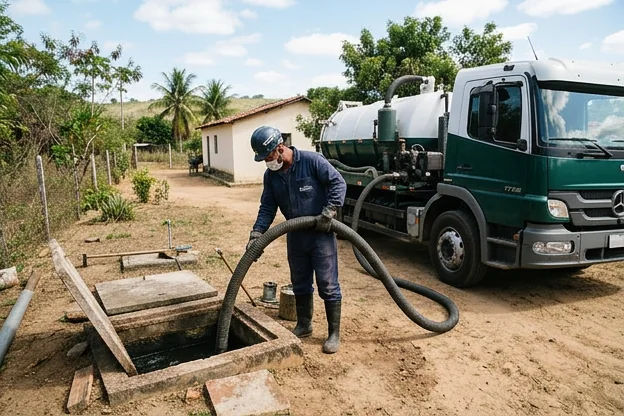 Técnico limpando fossa séptica em uma propriedade em Itabaiana.