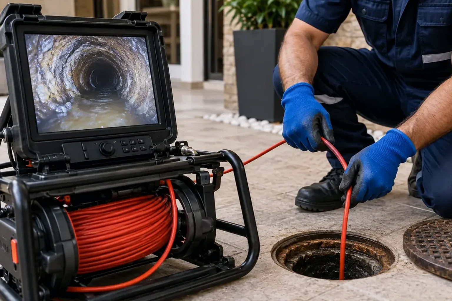 Técnico realizando inspeção de tubulações com câmera em Itabaiana.
